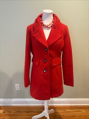 Ralph Lauren Red Wool Pea Coat with Notched Collar